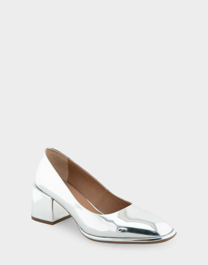 Alae Silver Mirror Metallic Faux Leather Soft Square Toe Block Heel Pump | Aerosoles Shoes