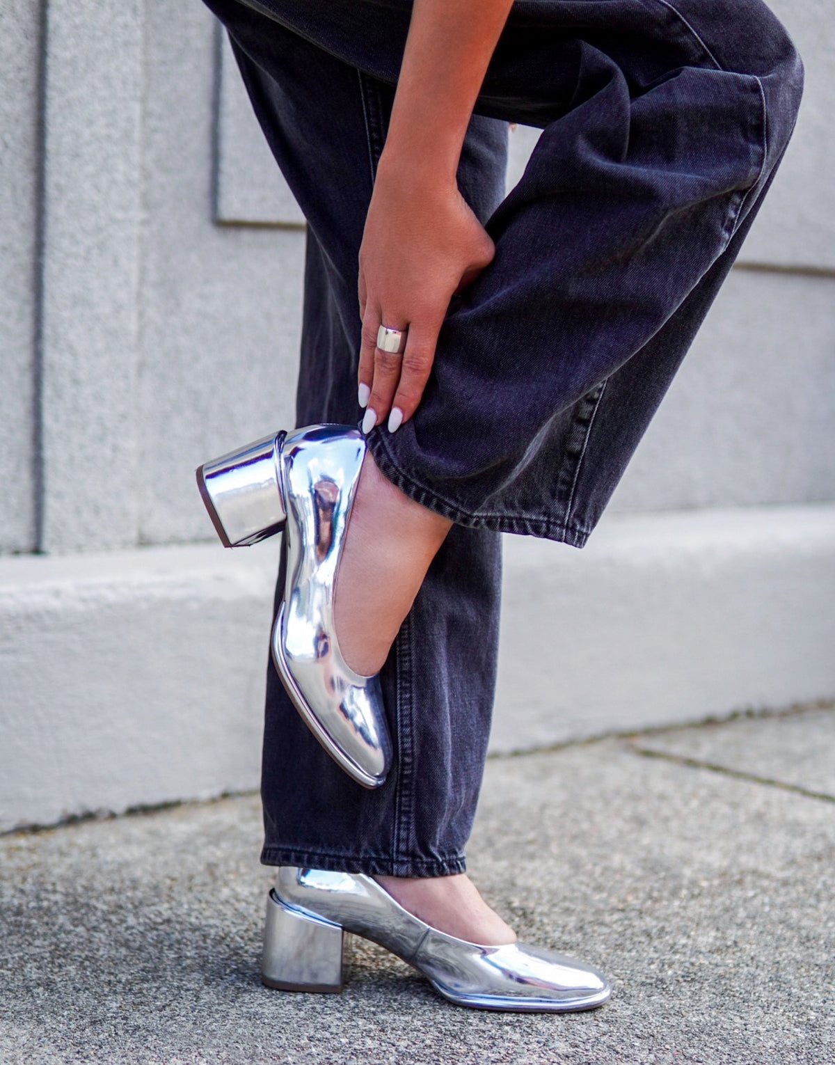 Alae Silver Mirror Metallic Faux Leather Soft Square Toe Block Heel Pump | Aerosoles Shoes