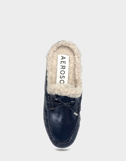Women's Loafer Mule in Navy Crinkle Patent/Shearling | Aerosoles Shoes