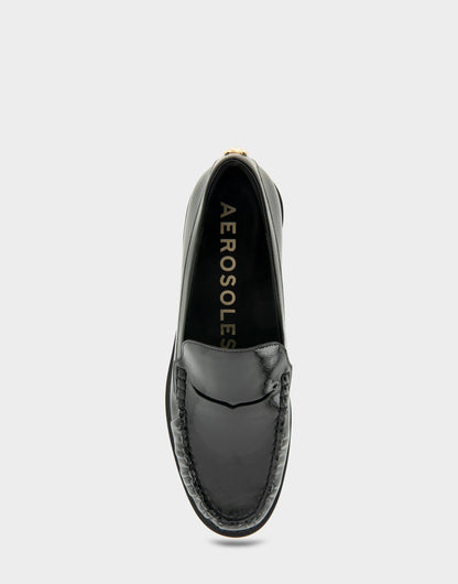 Sienna Black Crinkled Patent Faux Leather Lightweight Flexible Tailored Weejun Loafer | Aerosoles Shoes