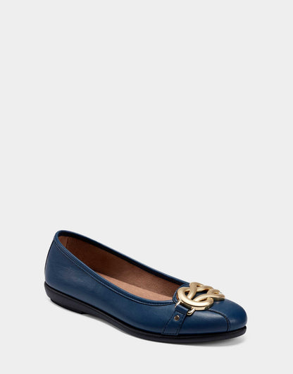 Big Bet Navy Blue Faux Leather Ballet Flat with Gold Hardware | Aerosoles Shoes