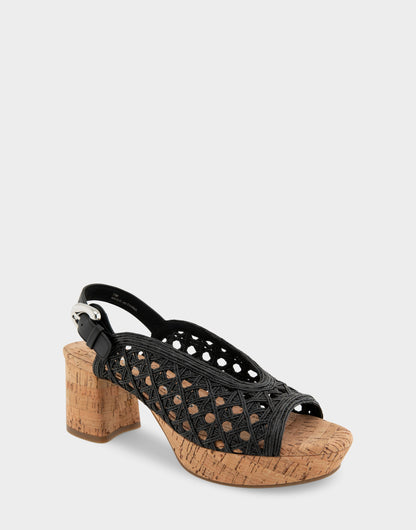 Comfortable Women's Platform Sandals in Black Embroidered Raffia Fabric | Aerosoles Shoes