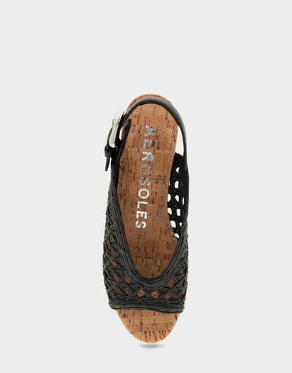 Comfortable Women's Platform Sandals in Black Embroidered Raffia Fabric | Aerosoles Shoes