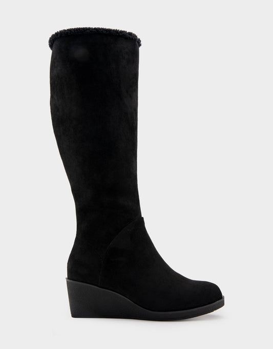 Comfortable Women's Faux Shearling Trimmed Knee High Wedge Boot in Black Faux Suede Faux Suede | Aerosoles Shoes