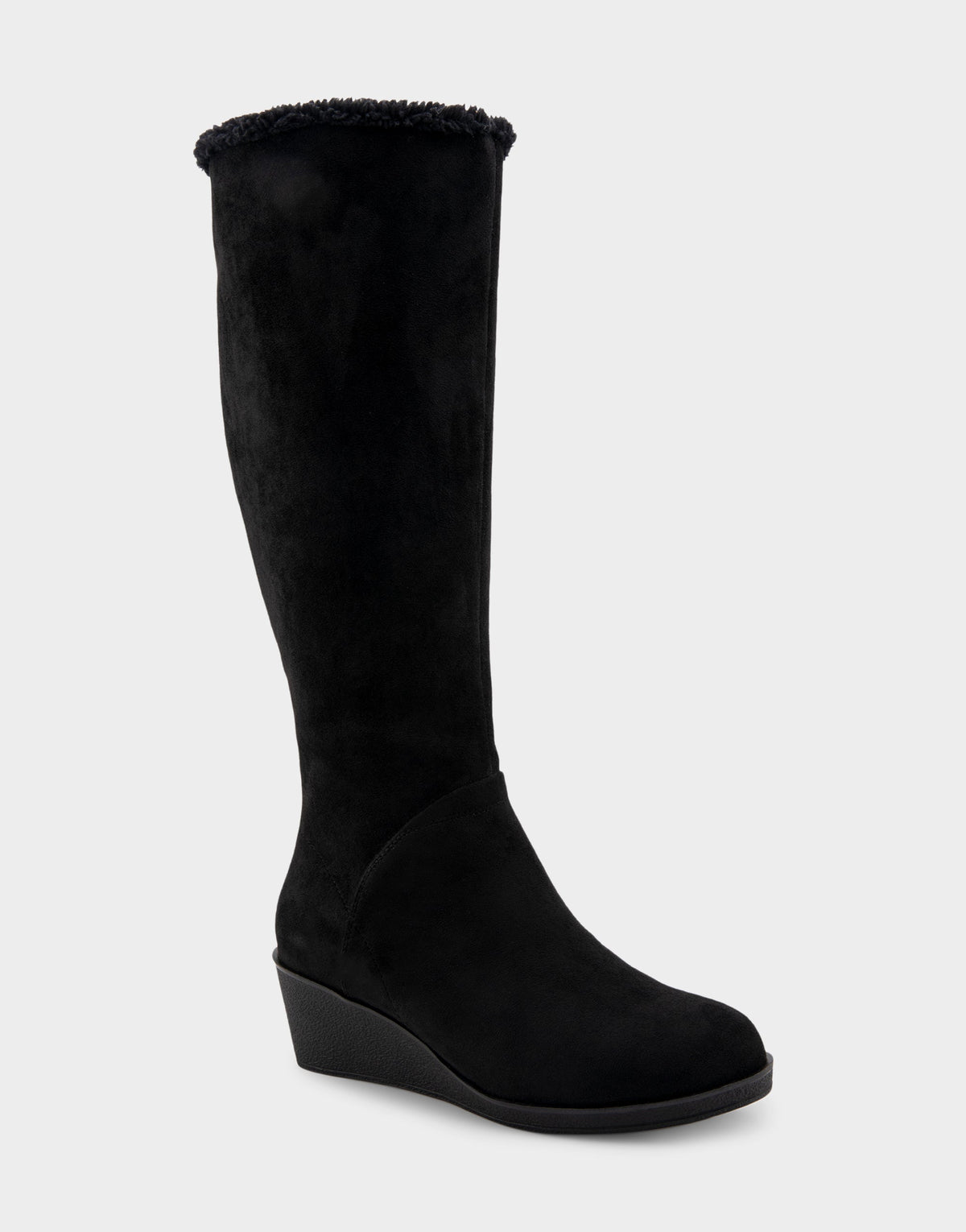 Comfortable Women's Faux Shearling Trimmed Knee High Wedge Boot in Black Faux Suede Faux Suede | Aerosoles Shoes