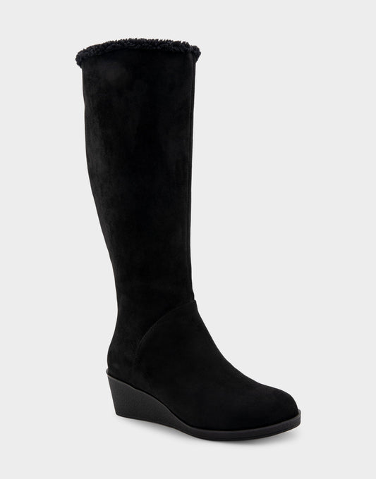 Comfortable Women's Faux Shearling Trimmed Knee High Wedge Boot in Black Faux Suede Faux Suede | Aerosoles Shoes