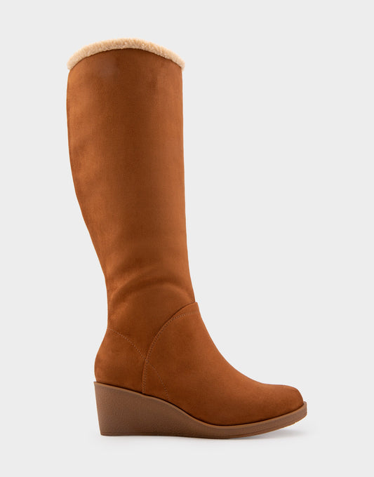 Comfortable Women's Faux Shearling Trimmed Knee High Wedge Boot in Tobacco Faux Suede Faux Suede | Aerosoles Shoes