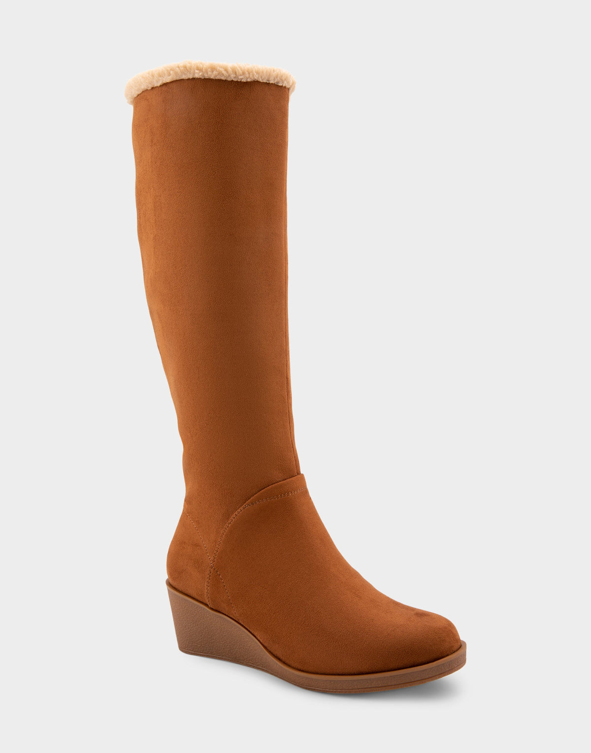 Comfortable Women's Faux Shearling Trimmed Knee High Wedge Boot in Tobacco Faux Suede Faux Suede | Aerosoles Shoes