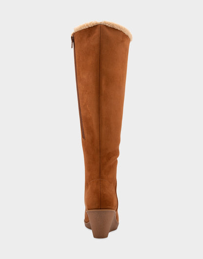 Comfortable Women's Faux Shearling Trimmed Knee High Wedge Boot in Tobacco Faux Suede Faux Suede | Aerosoles Shoes