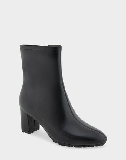 Comfortable Women's Mid Block Heel Bootie In Black Faux Leather | Aerosoles Shoes