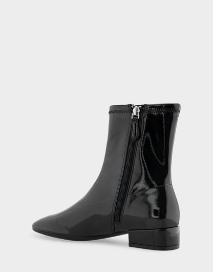 Comfortable Women's Low Block Heel Bootie In Black Patent Faux Leather | Aerosoles Shoes