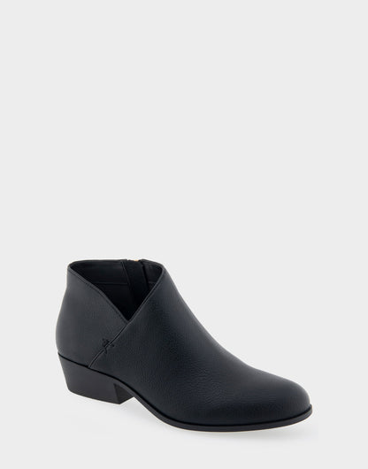 Comfortable Women's Asymmetrical Envelope Low Bootie in Black Faux Leather | Aerosoles Shoes