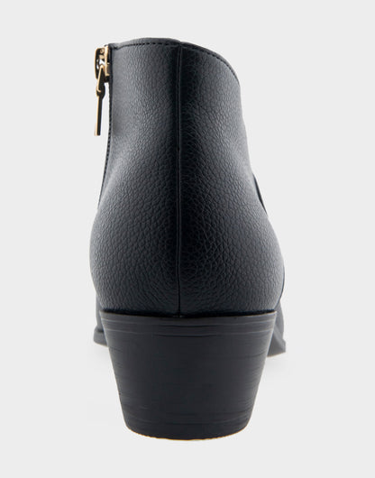 Comfortable Women's Asymmetrical Envelope Low Bootie in Black Faux Leather | Aerosoles Shoes