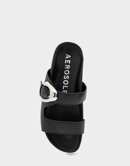 Comfortable Women's Footbed Sandals in Black Pebbled Leather | Aerosoles Shoes
