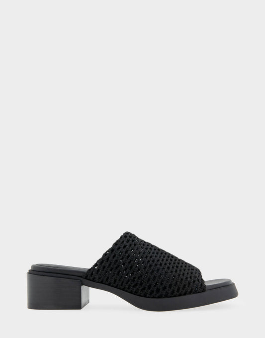 Comfortable Women's Knit Slip On Low Block Heel Sandal in Black Knit Fabric | Aerosoles Shoes