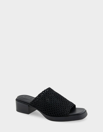 Comfortable Women's Knit Slip On Low Block Heel Sandal in Black Knit Fabric | Aerosoles Shoes