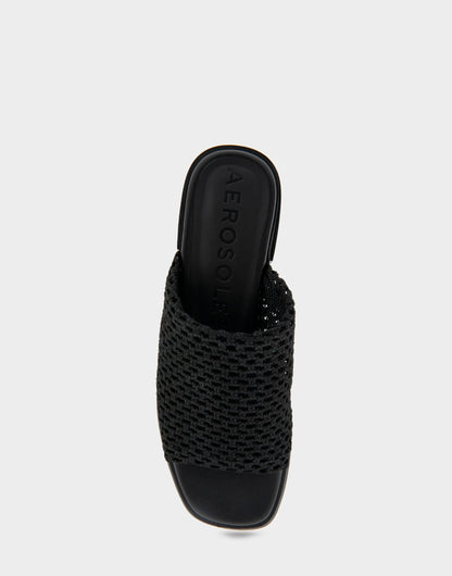 Comfortable Women's Knit Slip On Low Block Heel Sandal in Black Knit Fabric | Aerosoles Shoes