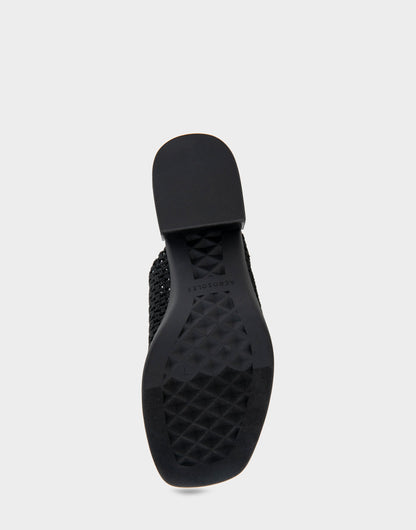 Comfortable Women's Knit Slip On Low Block Heel Sandal in Black Knit Fabric | Aerosoles Shoes